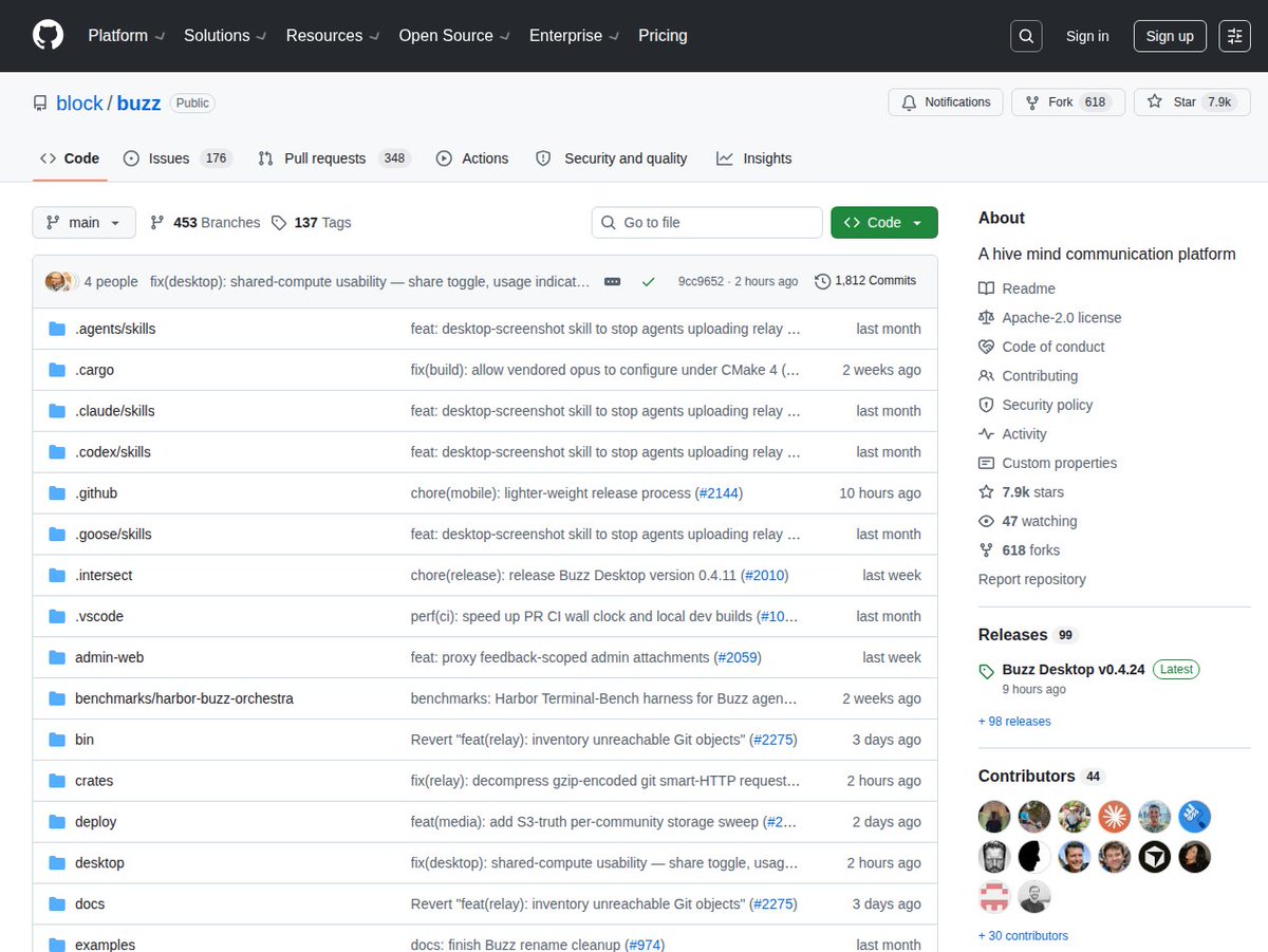 Screenshot of the GitHub repository page for block/buzz showing stars, forks, license, and contributor count