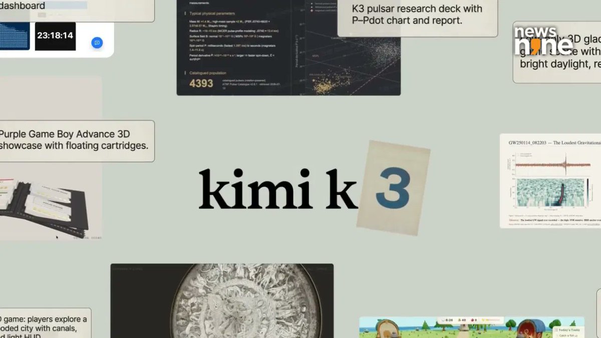 Collage showcasing Kimi K3 multimodal capabilities across scientific research, 3D rendering, game development, and data analysis